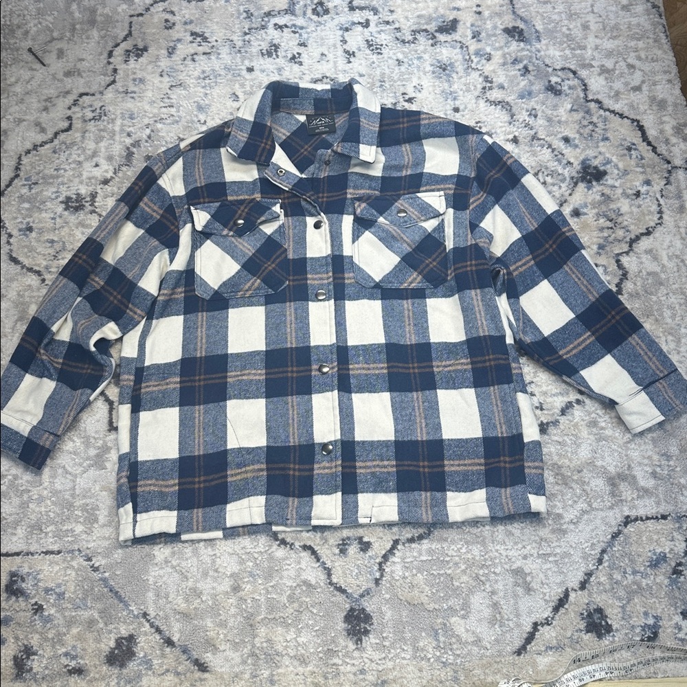 HFX Blue White Plaid Heavy Flannel Shirt Jacket Men’s Medium Snap Front